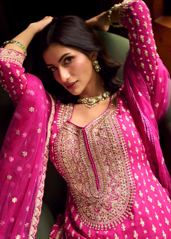 Hot Pink Georgette Top Skirt Set featuring Mirror Work and Intricate Embroidery