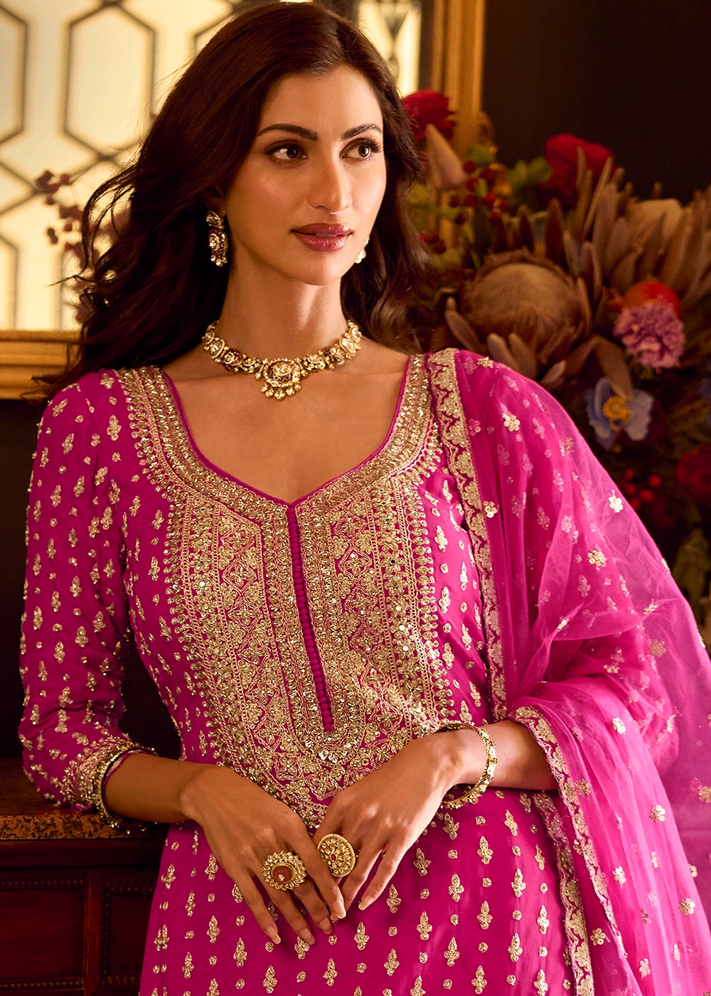 Hot Pink Georgette Top Skirt Set featuring Mirror Work and Intricate Embroidery