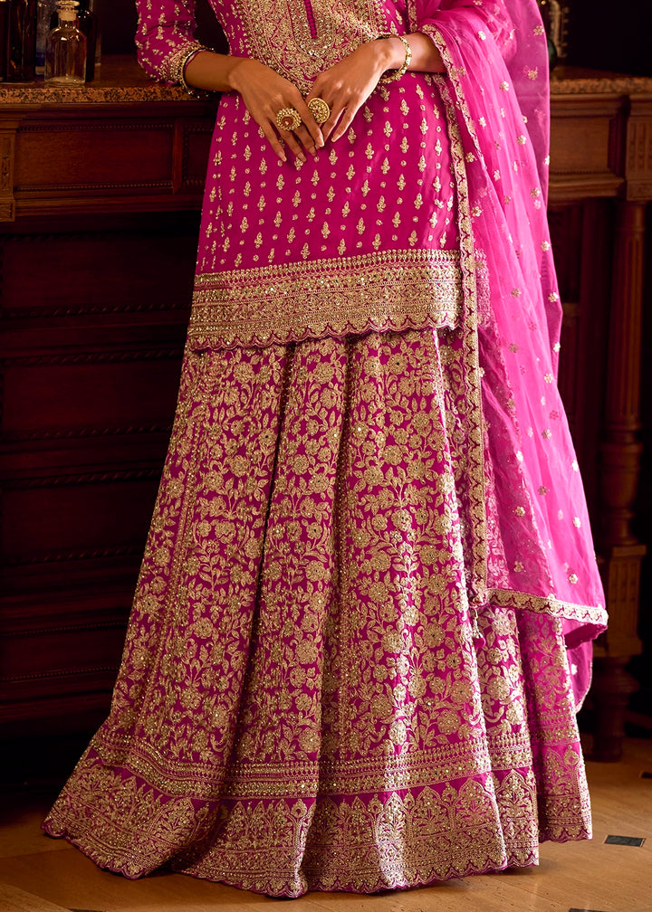 Hot Pink Georgette Top Skirt Set featuring Mirror Work and Intricate Embroidery
