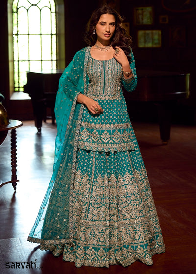Dark Cerulean Blue Georgette Top Skirt Set featuring Mirror Work and Intricate Embroidery