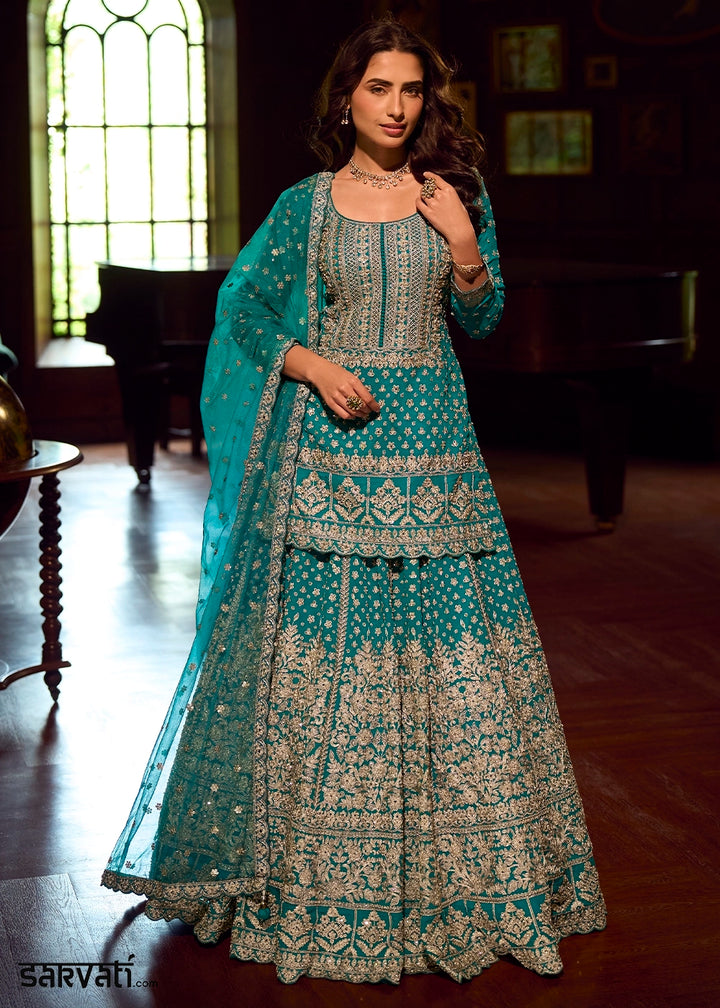 Dark Cerulean Blue Georgette Top Skirt Set featuring Mirror Work and Intricate Embroidery