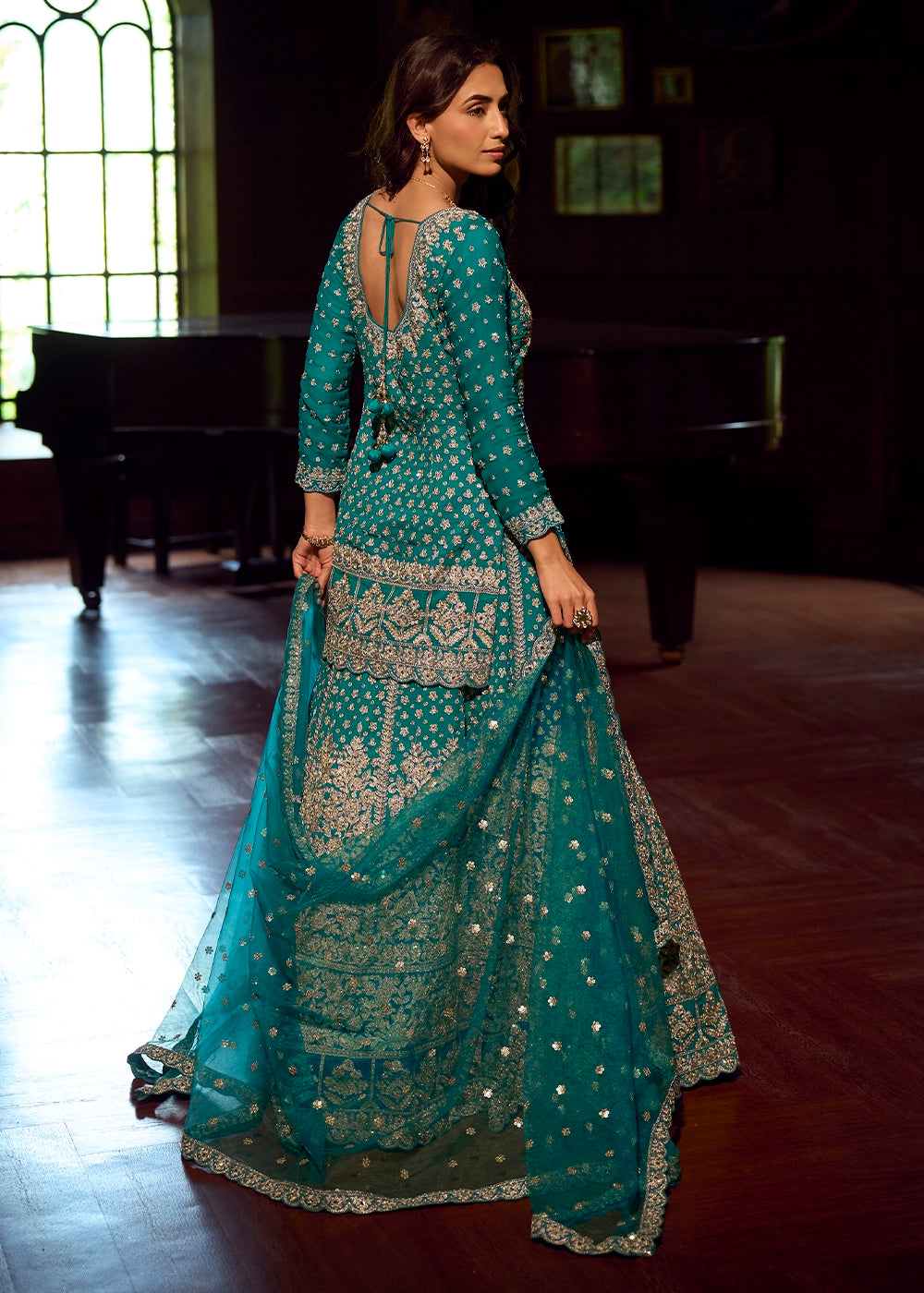 Dark Cerulean Blue Georgette Top Skirt Set featuring Mirror Work and Intricate Embroidery