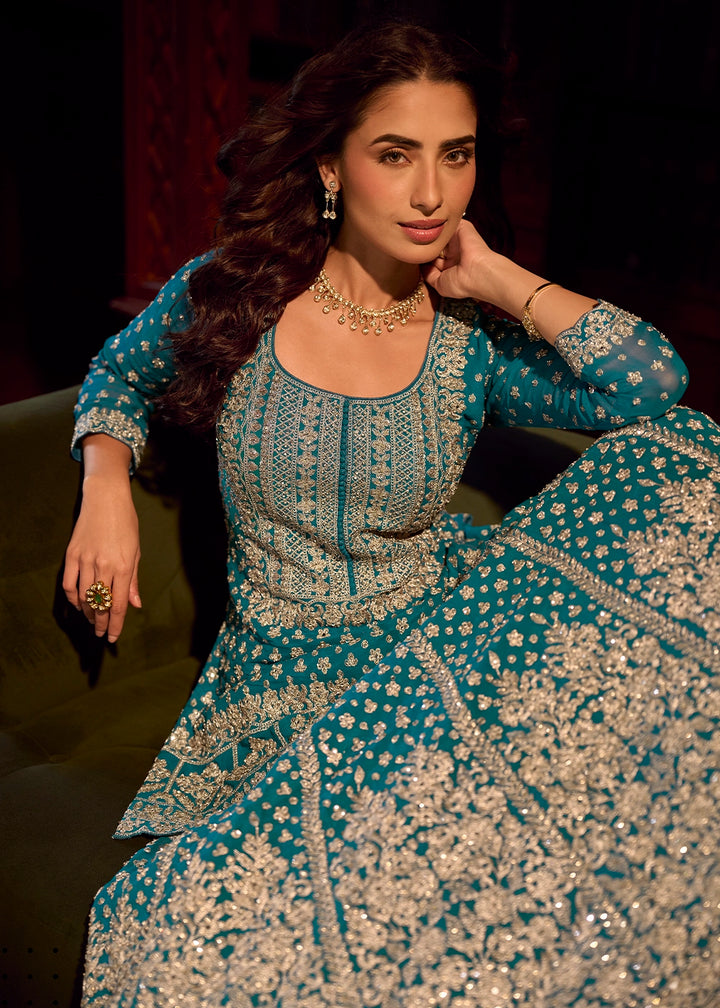 Dark Cerulean Blue Georgette Top Skirt Set featuring Mirror Work and Intricate Embroidery