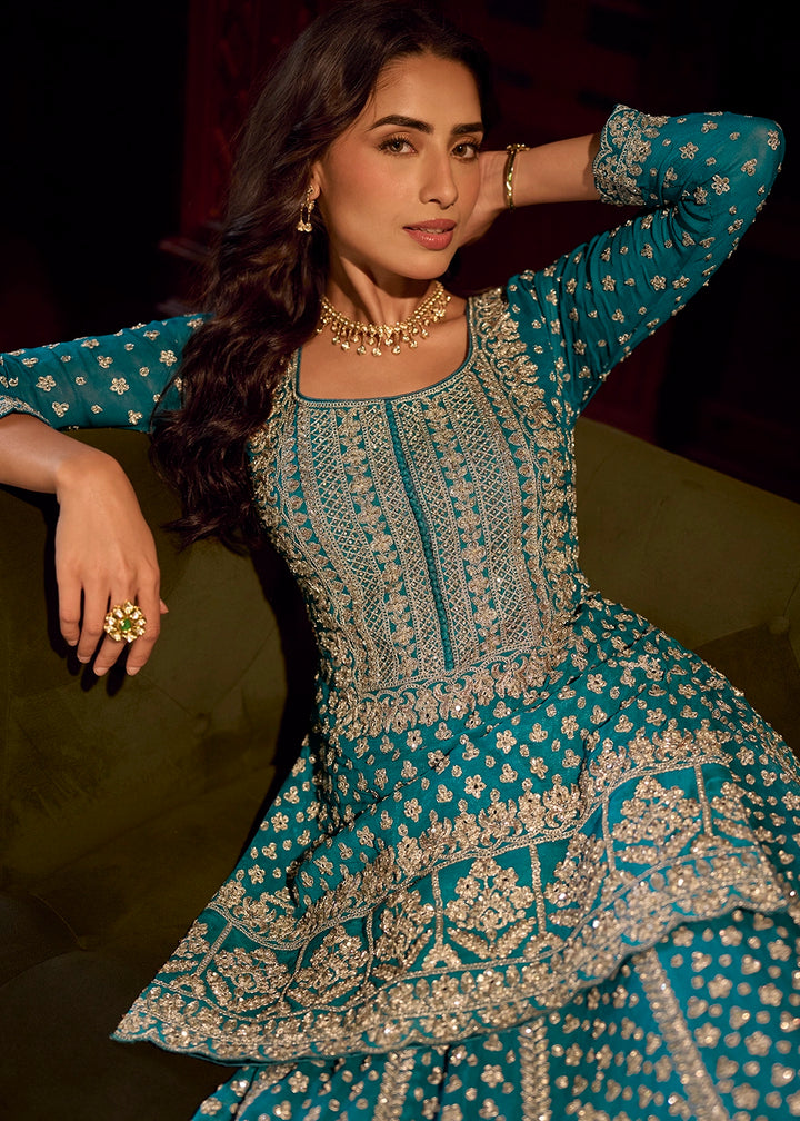 Dark Cerulean Blue Georgette Top Skirt Set featuring Mirror Work and Intricate Embroidery