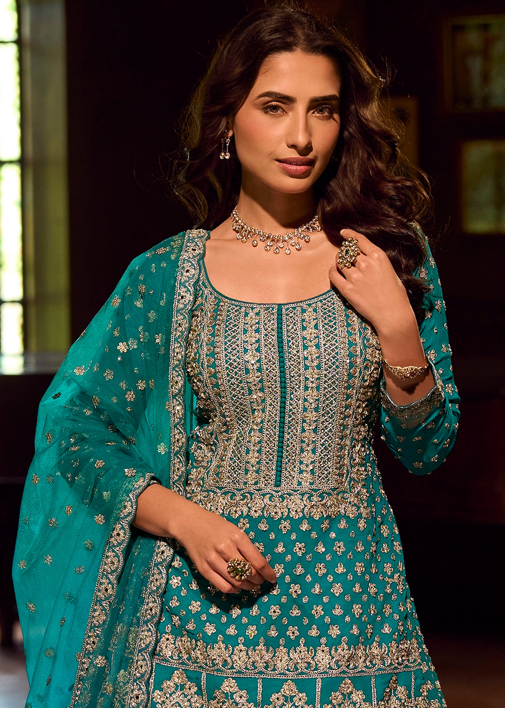 Dark Cerulean Blue Georgette Top Skirt Set featuring Mirror Work and Intricate Embroidery