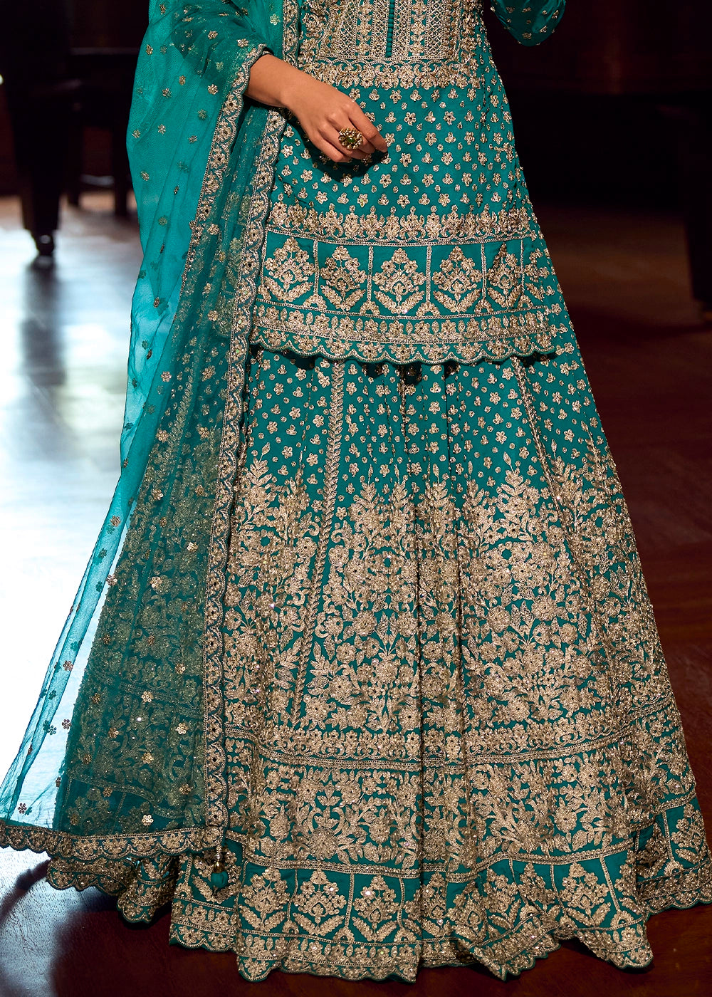 Dark Cerulean Blue Georgette Top Skirt Set featuring Mirror Work and Intricate Embroidery