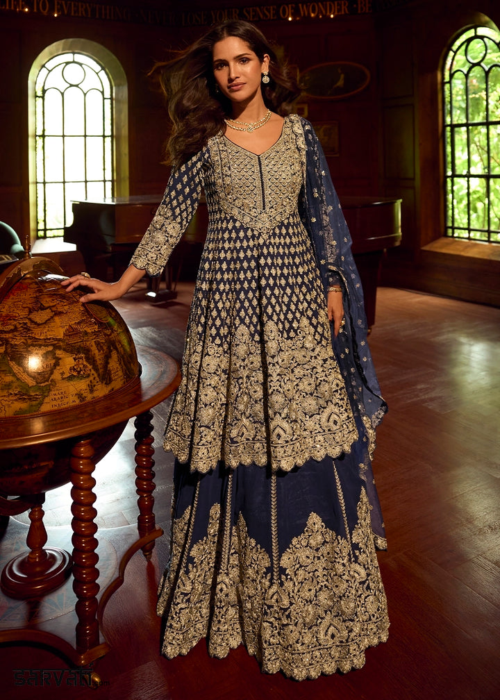 Berry Blue Georgette Top Skirt Set featuring Mirror Work and Intricate Embroidery