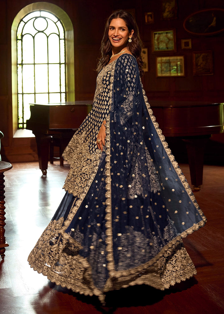 Berry Blue Georgette Top Skirt Set featuring Mirror Work and Intricate Embroidery