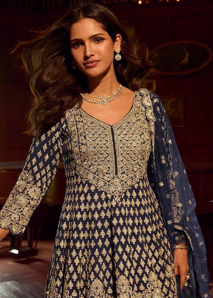 Berry Blue Georgette Top Skirt Set featuring Mirror Work and Intricate Embroidery