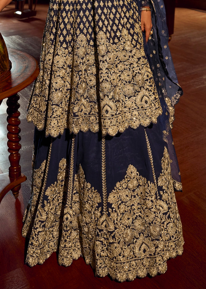 Berry Blue Georgette Top Skirt Set featuring Mirror Work and Intricate Embroidery