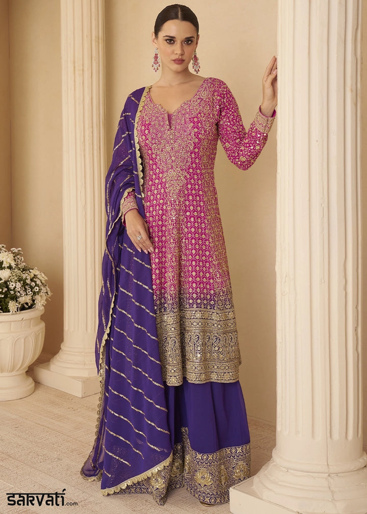 Pink & Purple Georgette Embroidered Zarkan & Swarovski Work Palazzo Suit