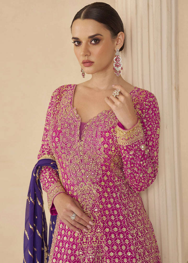 Pink & Purple Georgette Embroidered Zarkan & Swarovski Work Palazzo Suit