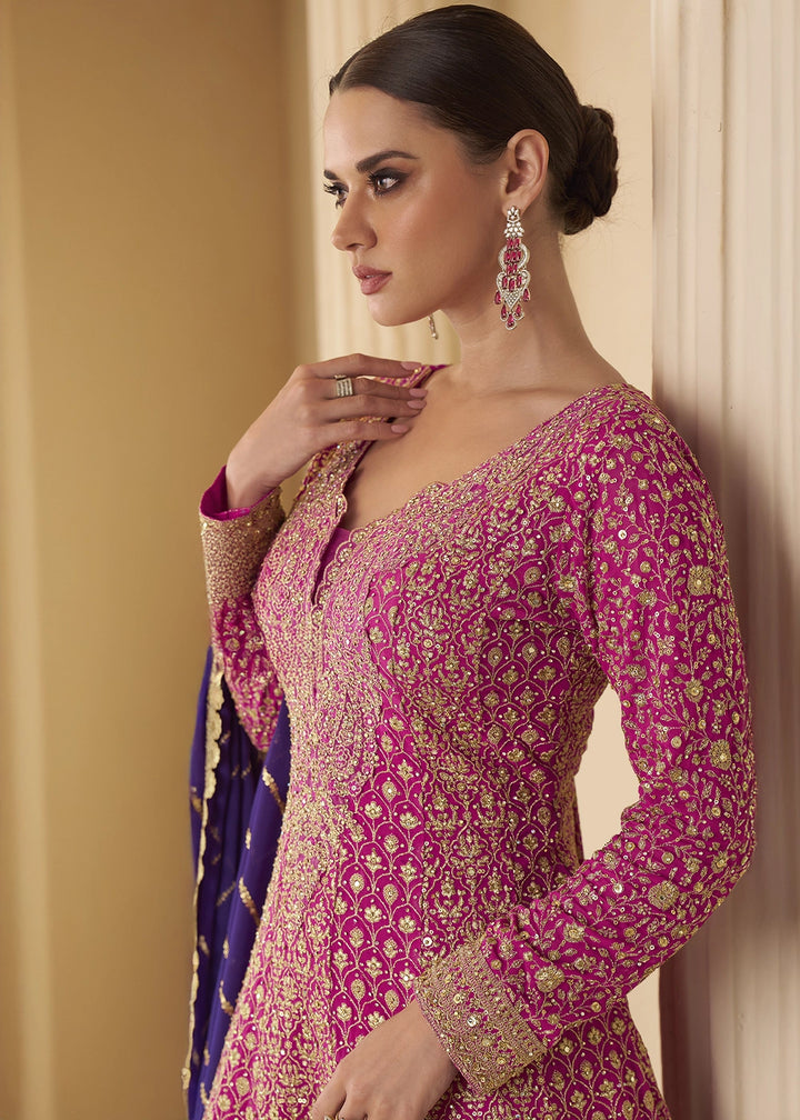 Pink & Purple Georgette Embroidered Zarkan & Swarovski Work Palazzo Suit