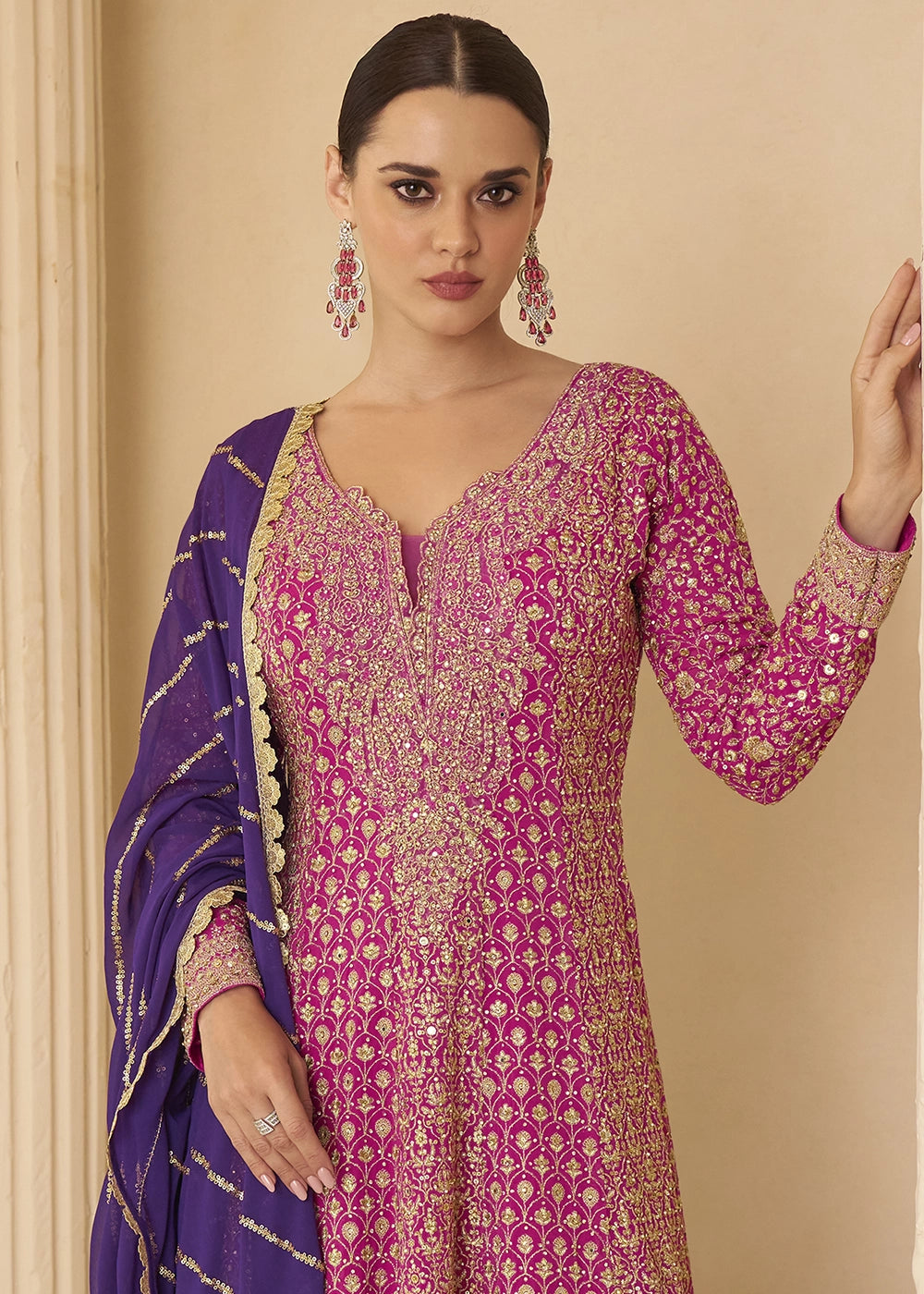 Pink & Purple Georgette Embroidered Zarkan & Swarovski Work Palazzo Suit