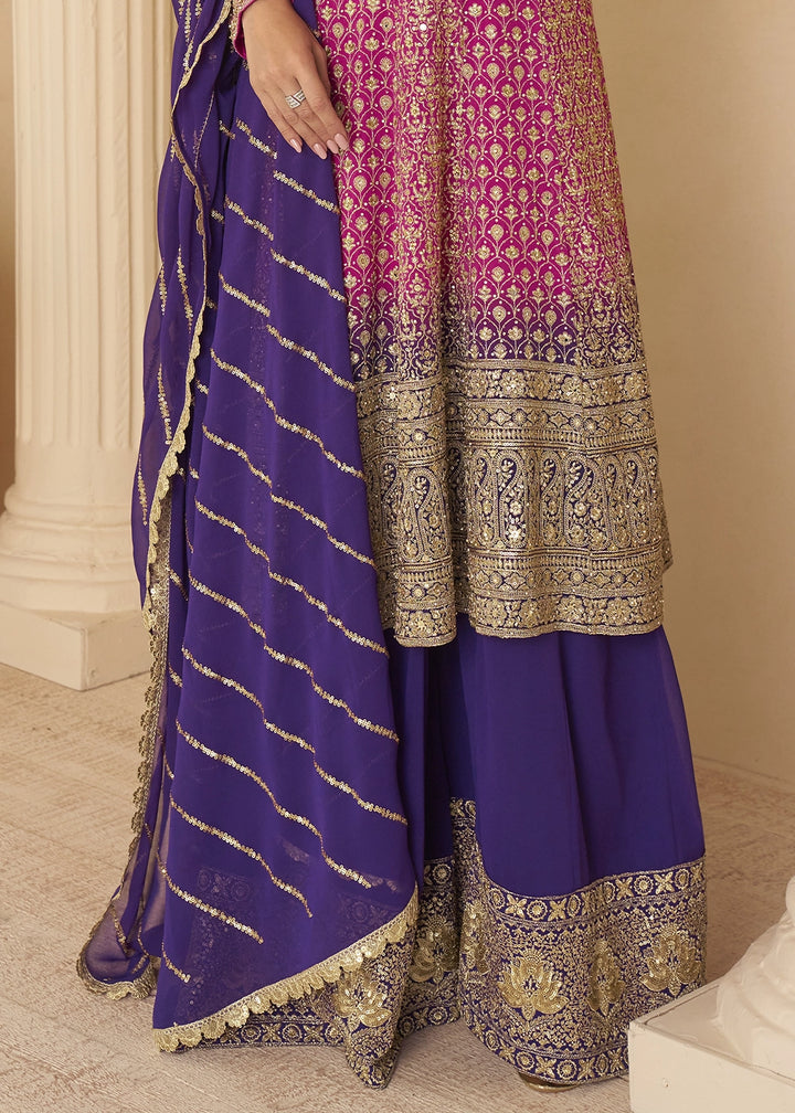 Pink & Purple Georgette Embroidered Zarkan & Swarovski Work Palazzo Suit