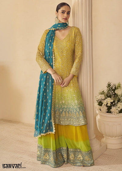 Shades Of Yellow Georgette Embroidered Zarkan & Swarovski Work Palazzo Suit
