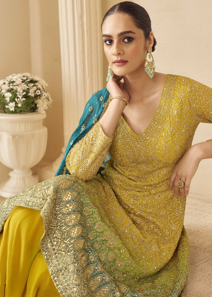Shades Of Yellow Georgette Embroidered Zarkan & Swarovski Work Palazzo Suit