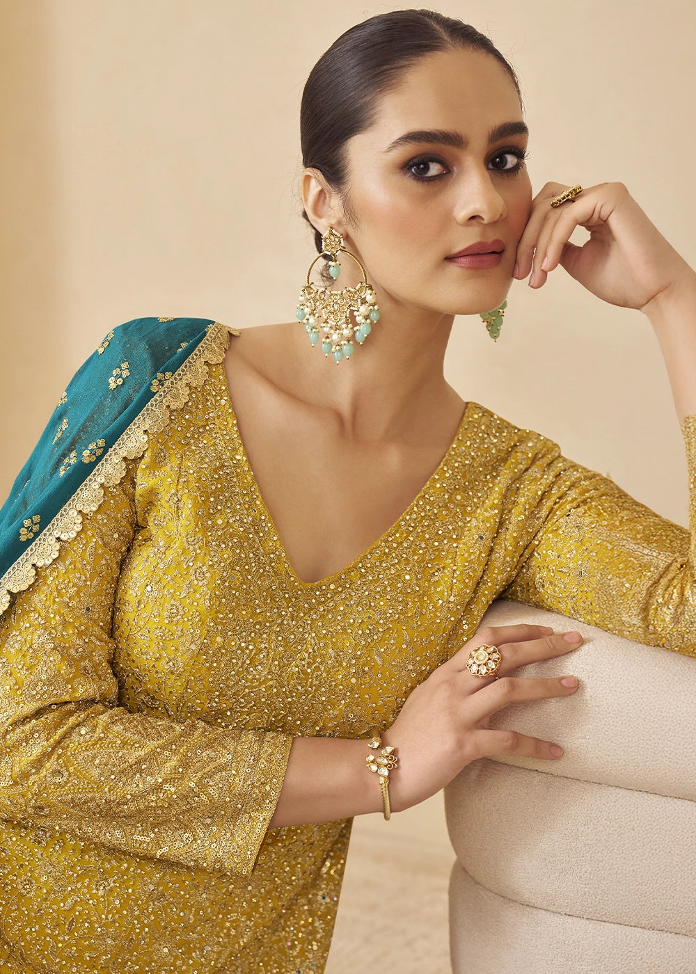 Shades Of Yellow Georgette Embroidered Zarkan & Swarovski Work Palazzo Suit