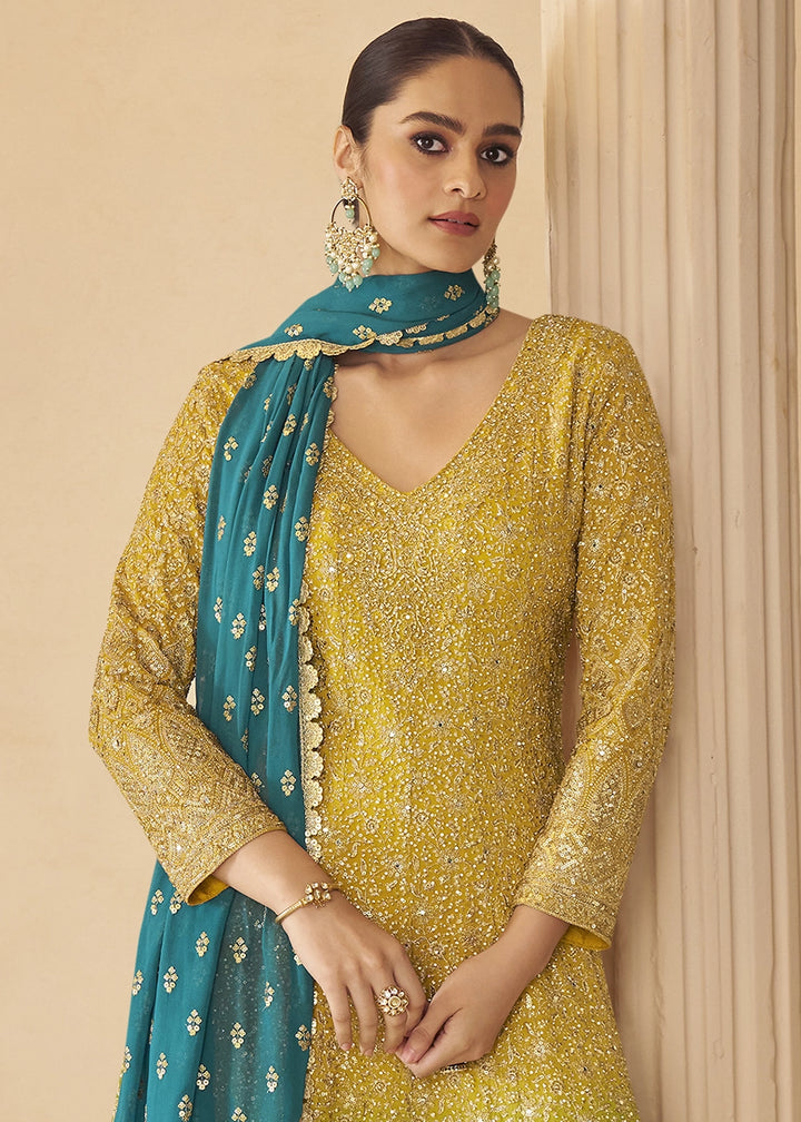 Shades Of Yellow Georgette Embroidered Zarkan & Swarovski Work Palazzo Suit