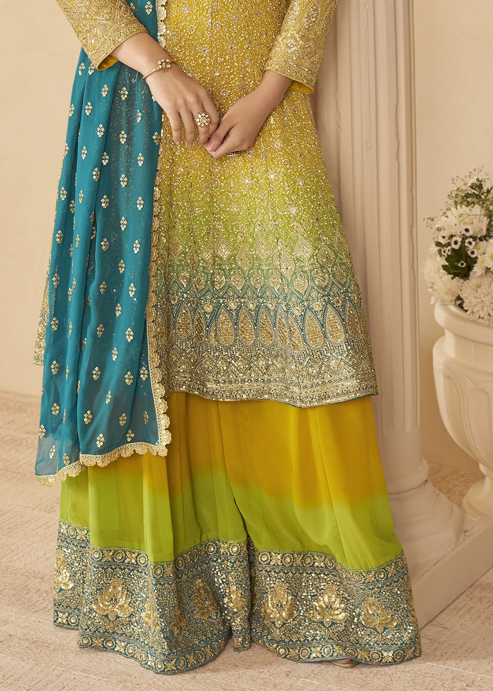 Shades Of Yellow Georgette Embroidered Zarkan & Swarovski Work Palazzo Suit