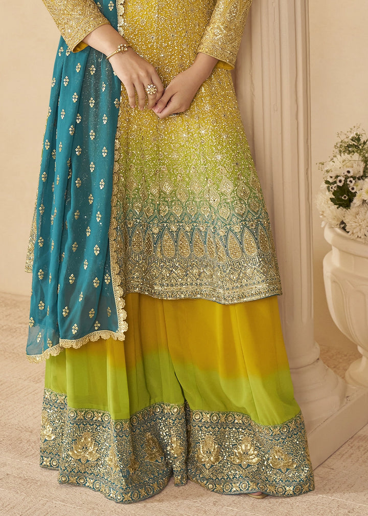 Shades Of Yellow Georgette Embroidered Zarkan & Swarovski Work Palazzo Suit