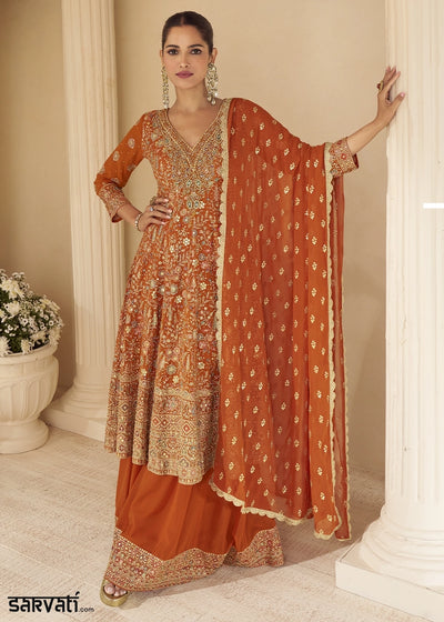 Salamander Orange Georgette Embroidered Zarkan & Swarovski Work Palazzo Suit