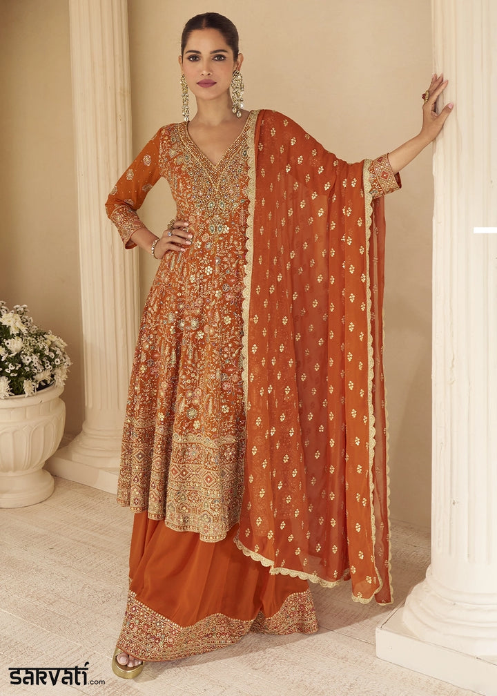 Salamander Orange Georgette Embroidered Zarkan & Swarovski Work Palazzo Suit