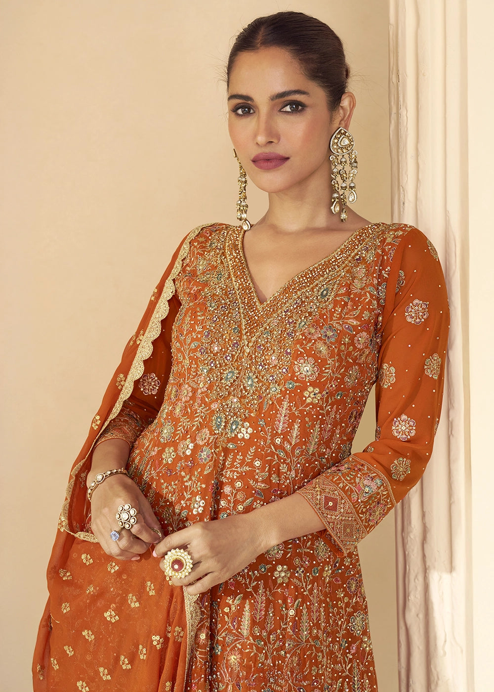 Salamander Orange Georgette Embroidered Zarkan & Swarovski Work Palazzo Suit