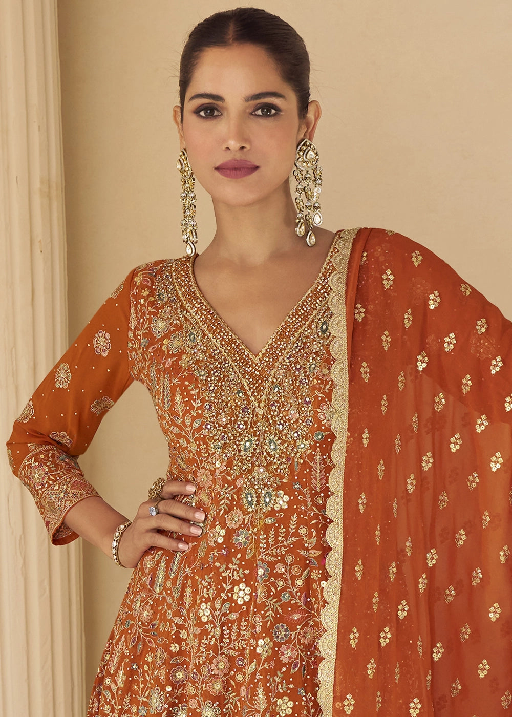 Salamander Orange Georgette Embroidered Zarkan & Swarovski Work Palazzo Suit
