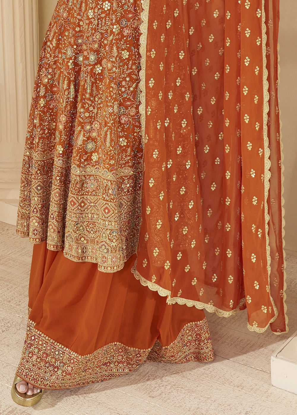 Salamander Orange Georgette Embroidered Zarkan & Swarovski Work Palazzo Suit