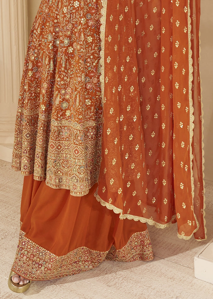 Salamander Orange Georgette Embroidered Zarkan & Swarovski Work Palazzo Suit