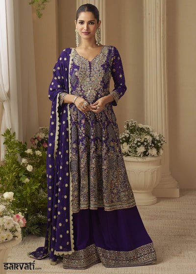 Indigo Purple Georgette Embroidered Zarkan & Swarovski Work Palazzo Suit