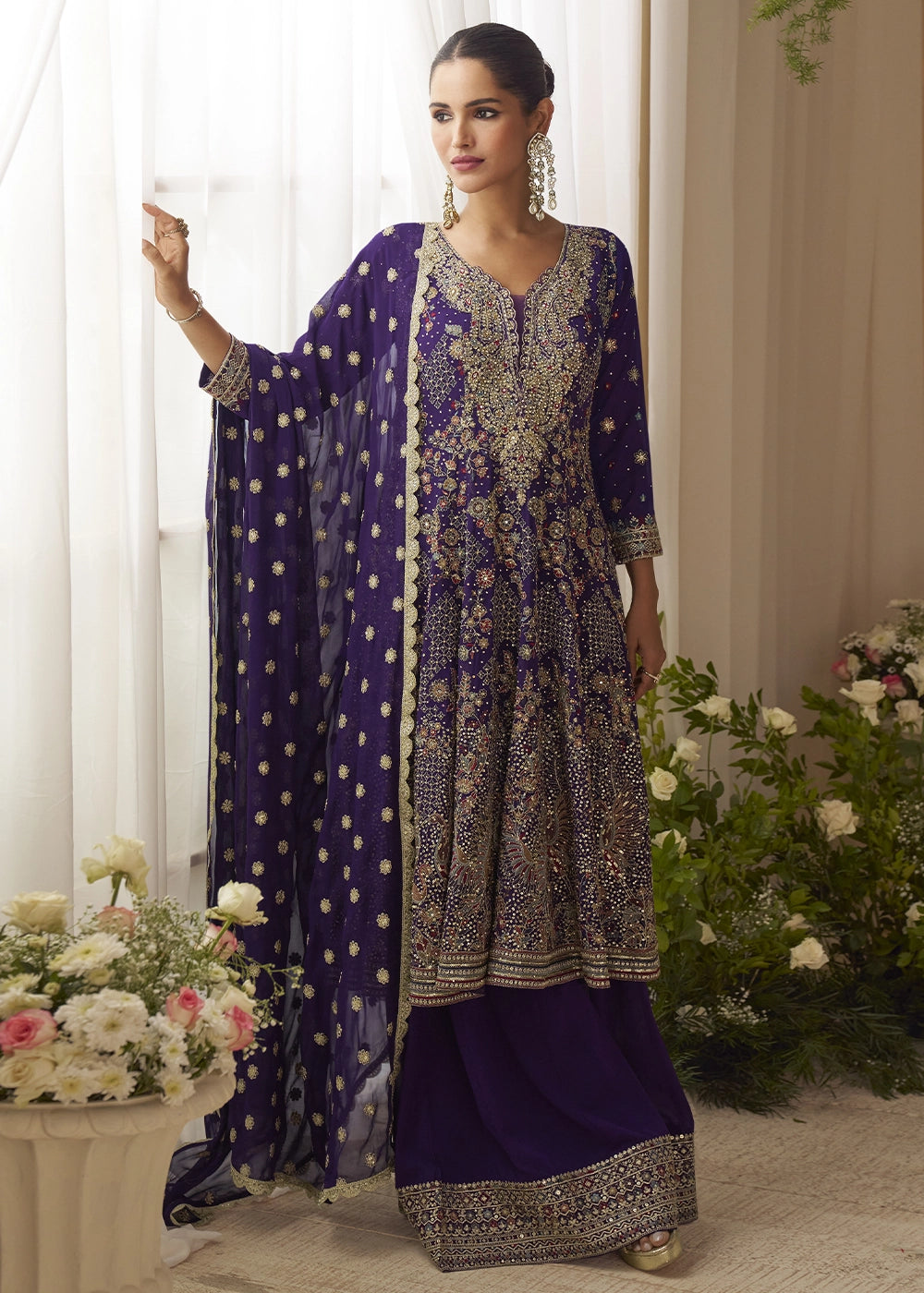 Indigo Purple Georgette Embroidered Zarkan & Swarovski Work Palazzo Suit