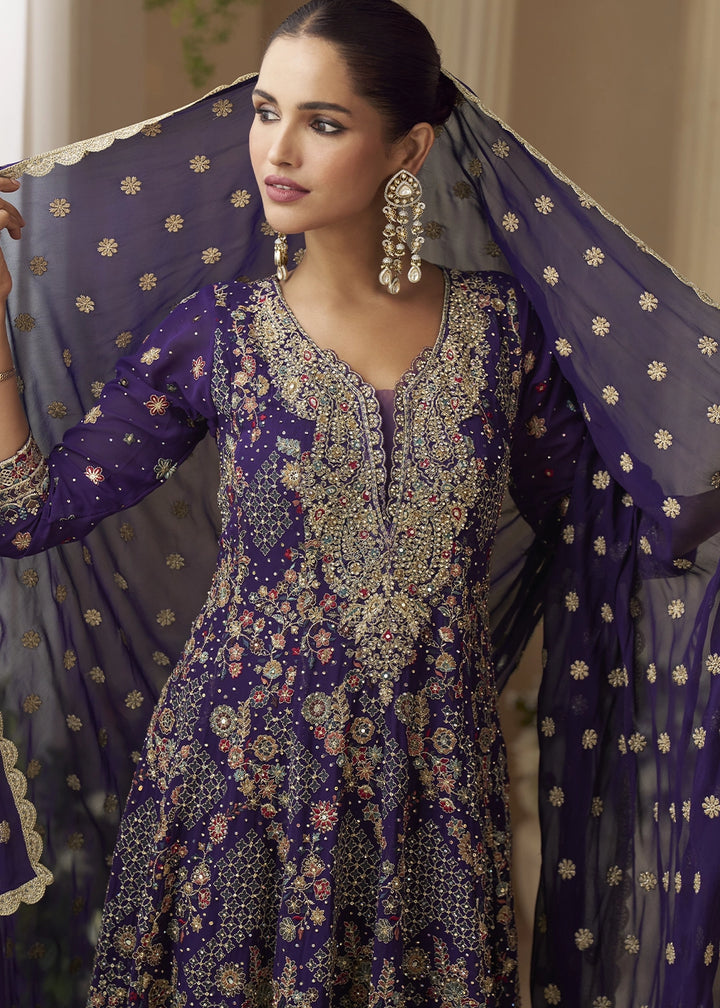 Indigo Purple Georgette Embroidered Zarkan & Swarovski Work Palazzo Suit