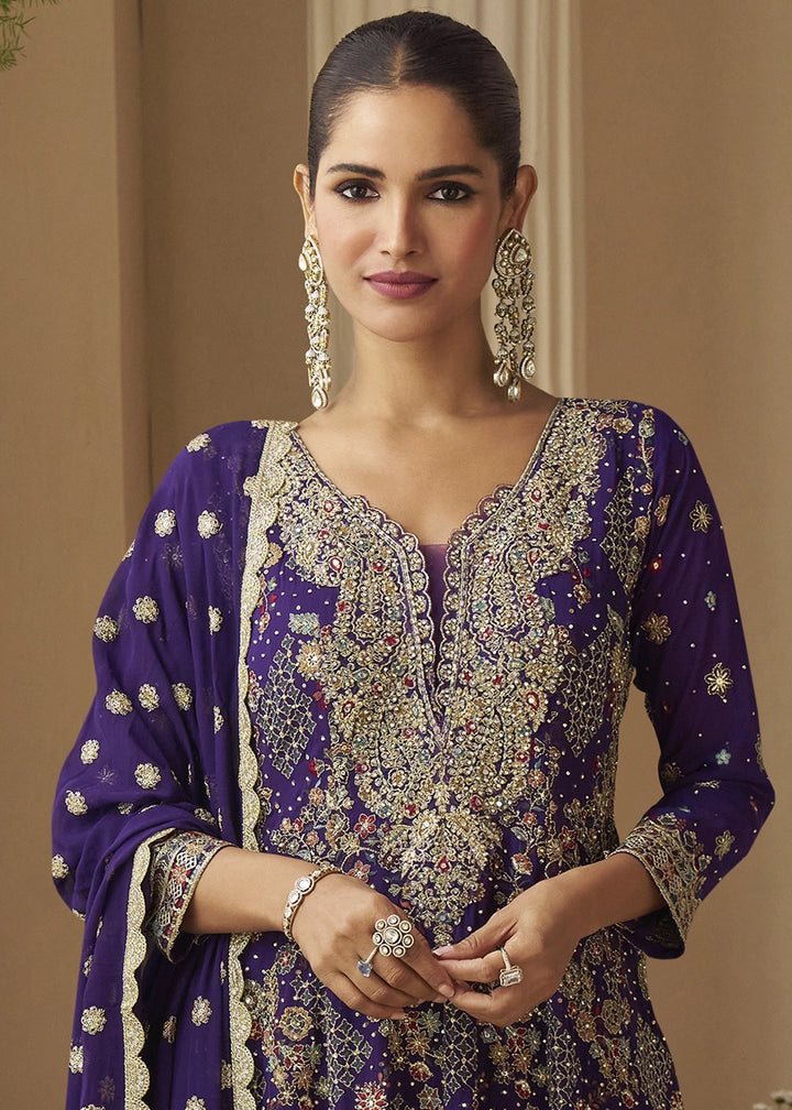 Indigo Purple Georgette Embroidered Zarkan & Swarovski Work Palazzo Suit