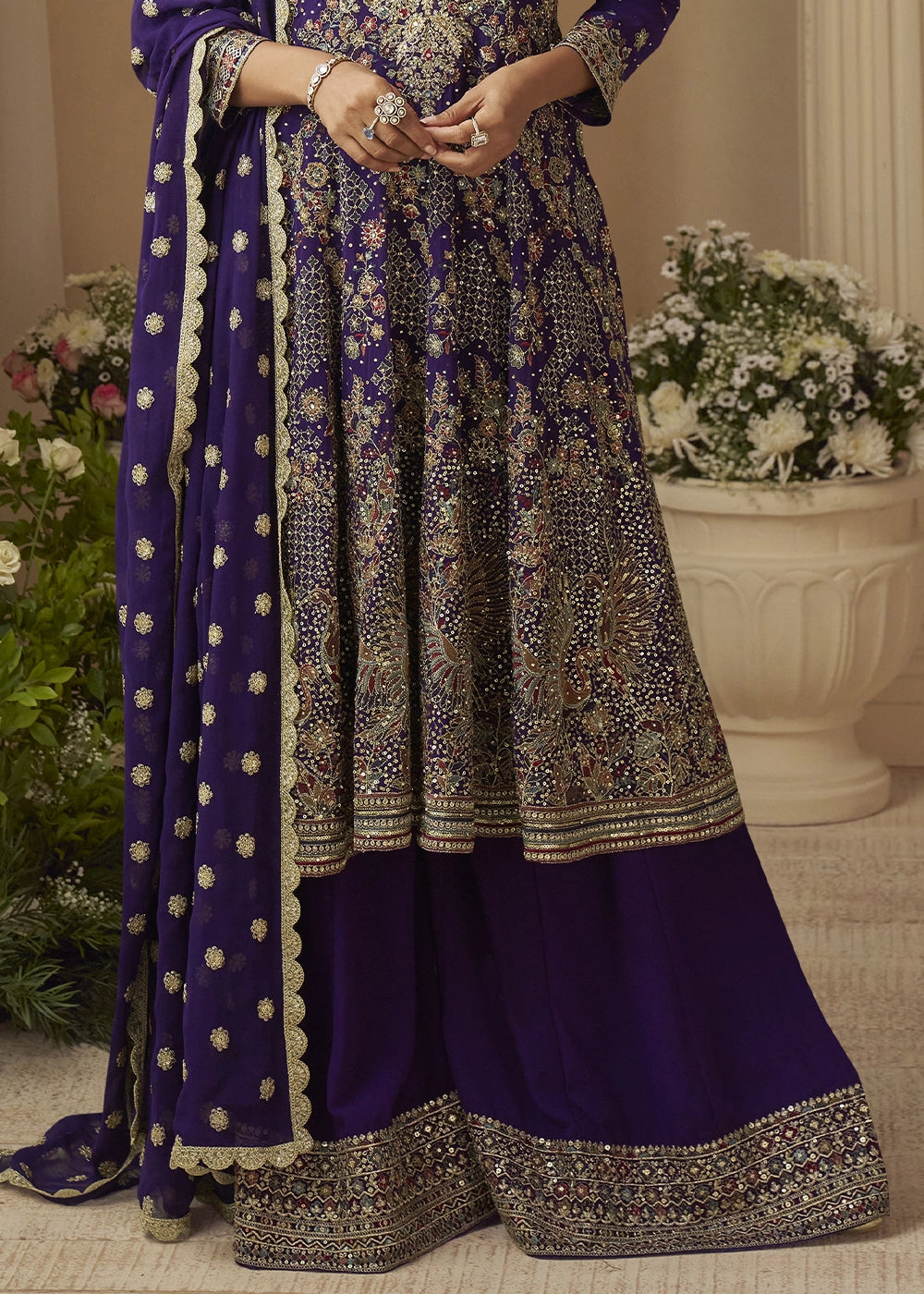 Indigo Purple Georgette Embroidered Zarkan & Swarovski Work Palazzo Suit