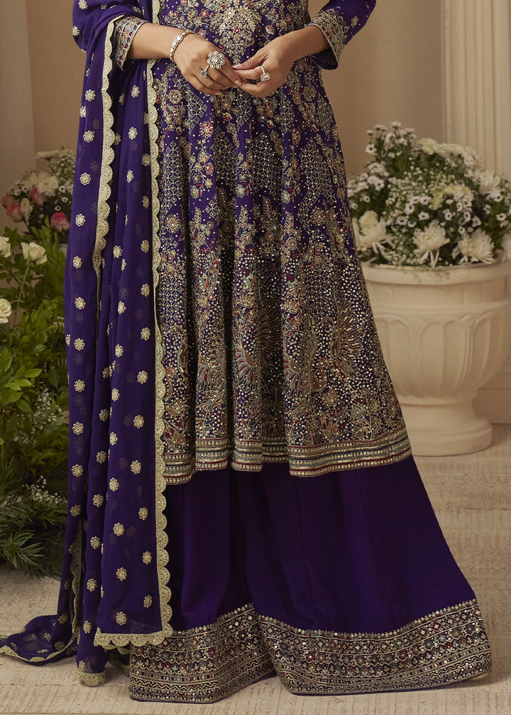 Indigo Purple Georgette Embroidered Zarkan & Swarovski Work Palazzo Suit