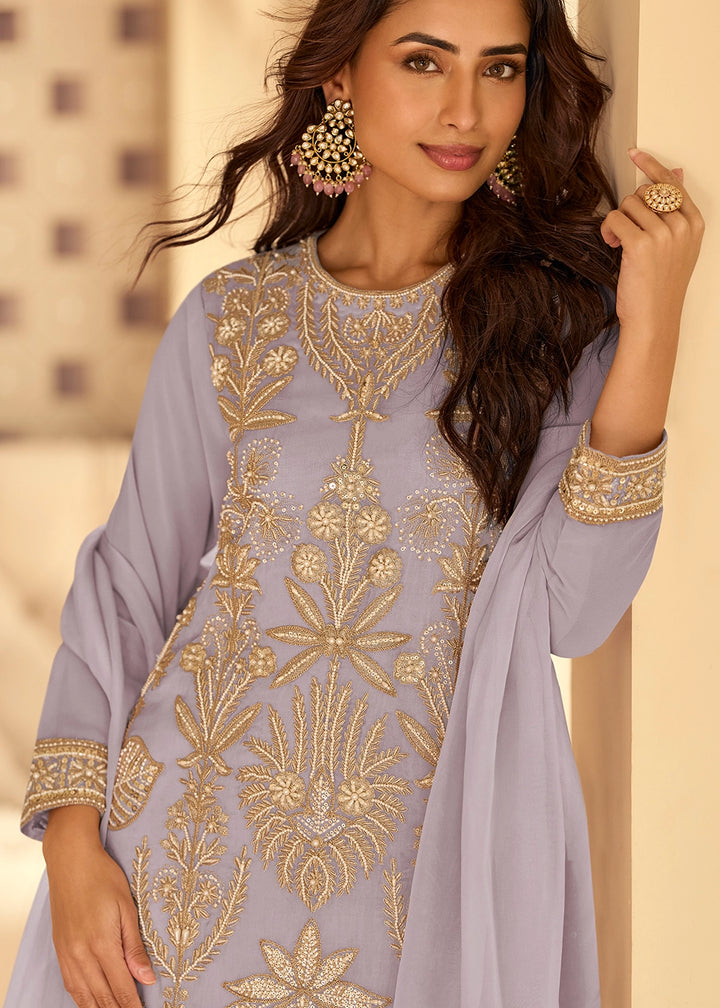 Ash Grey Embroidered Georgette Palazzo Suit with Beads Work