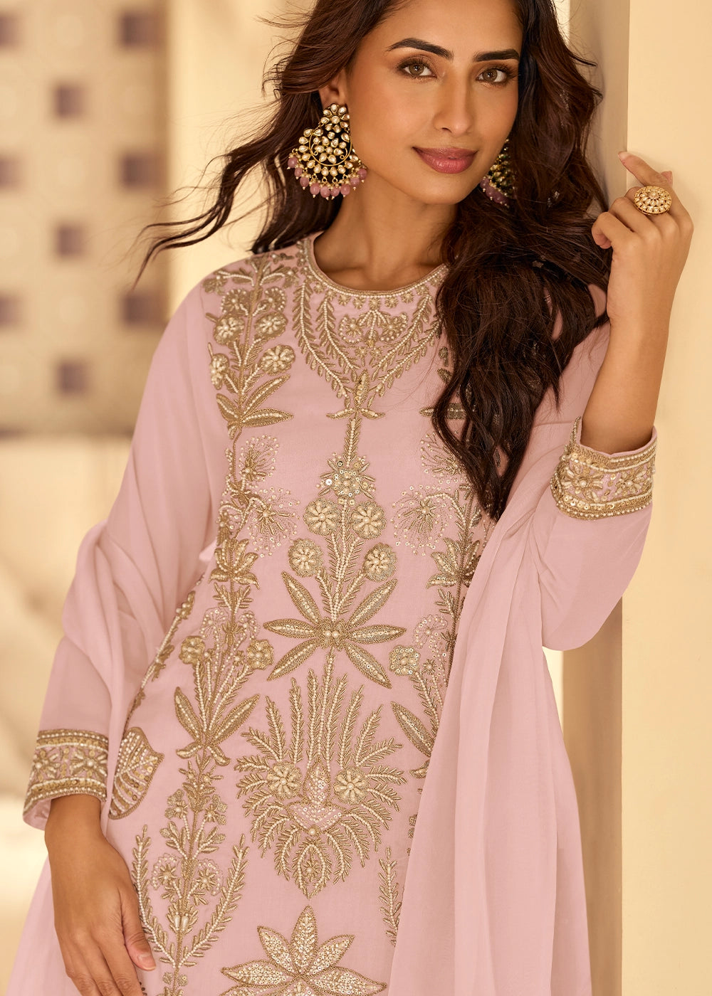 Pearl White Embroidered Georgette Palazzo Suit with Beads Work