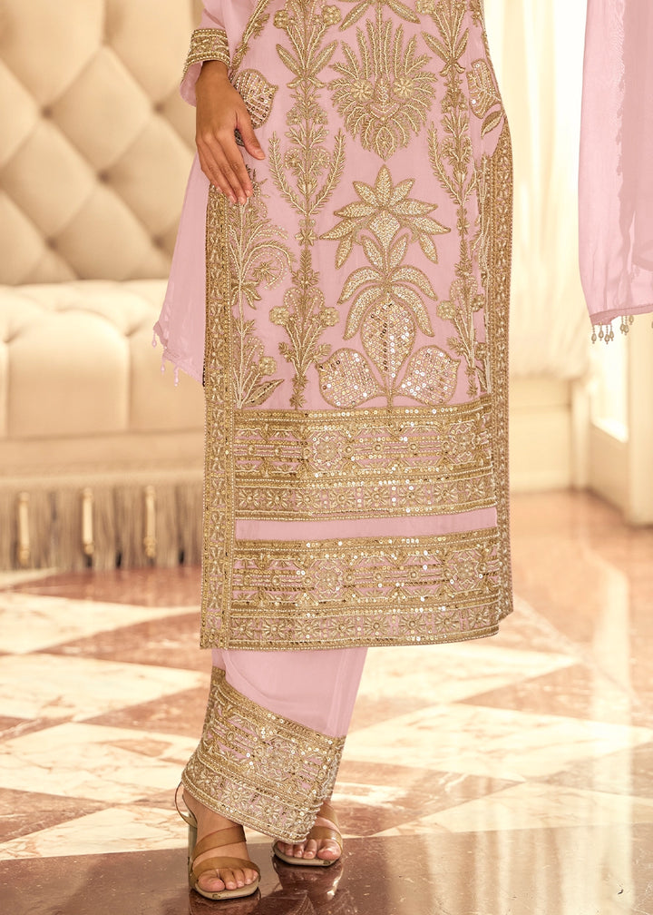 Pearl White Embroidered Georgette Palazzo Suit with Beads Work