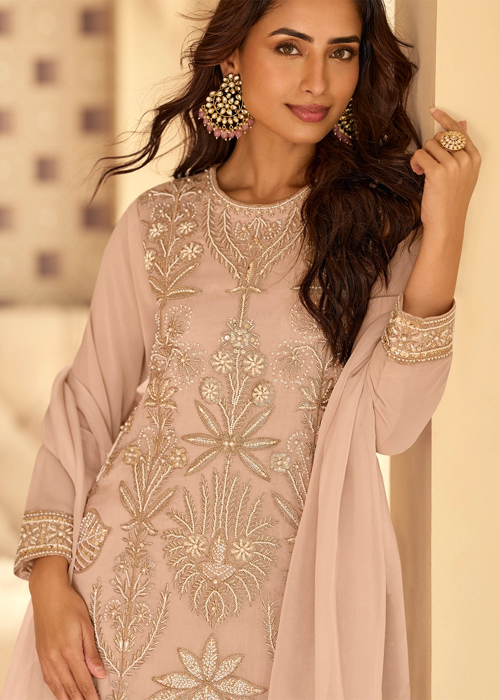 Light Pink Embroidered Georgette Palazzo Suit with Beads Work