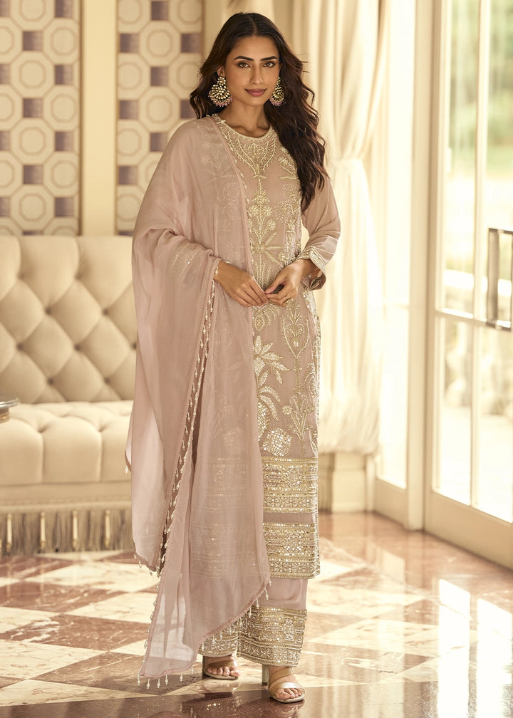 Pale Purple Georgette Palazzo Suit with Luxurious Embroidery Detailing