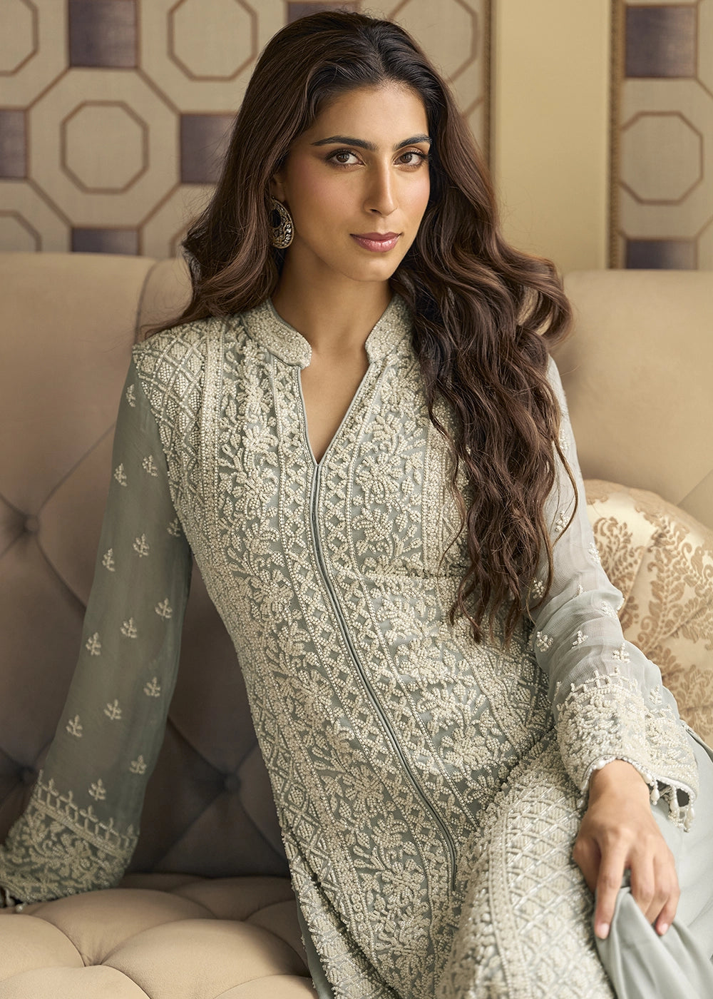 Pewter Grey Georgette Palazzo Suit with Luxurious Embroidery Detailing