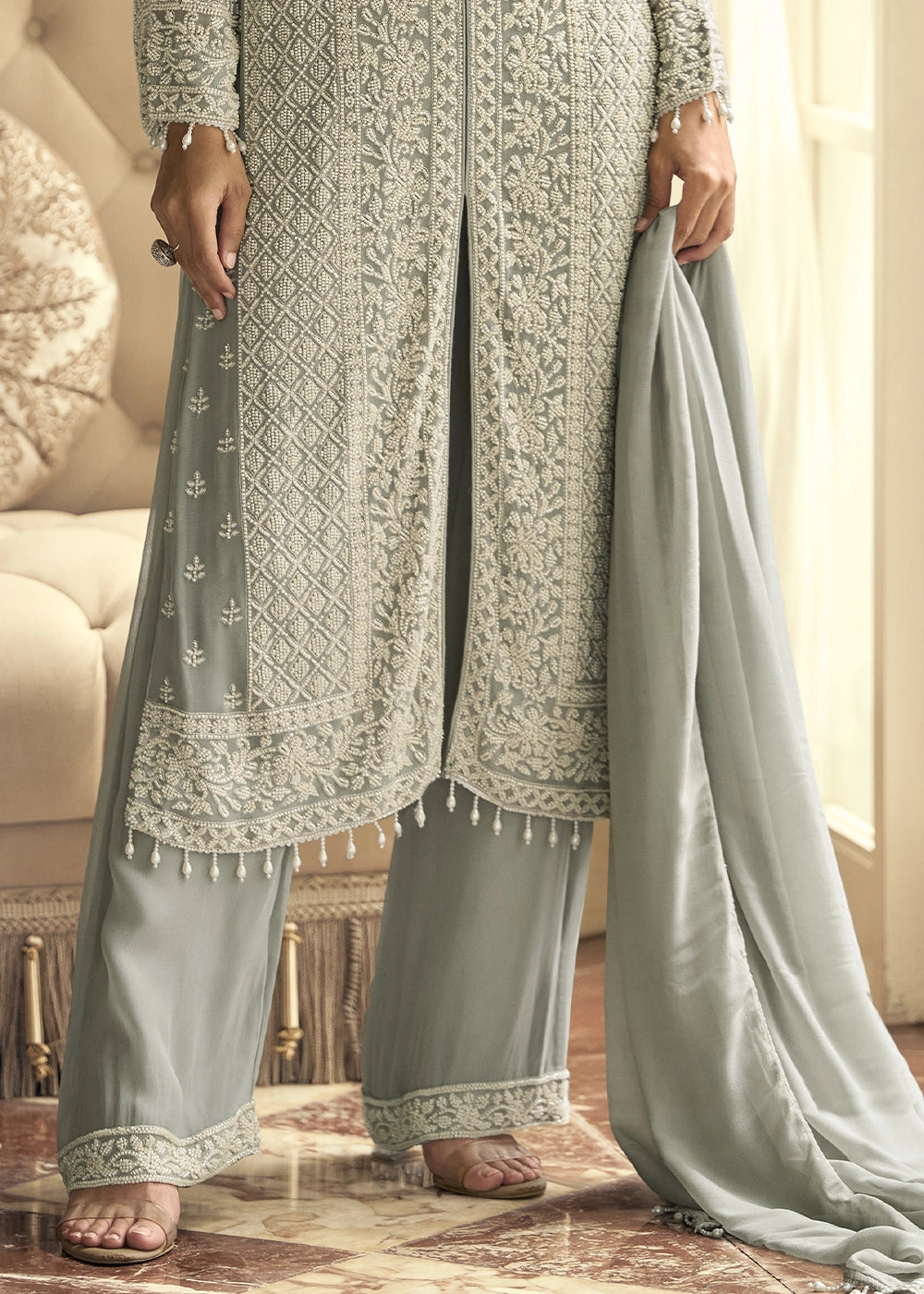 Pewter Grey Georgette Palazzo Suit with Luxurious Embroidery Detailing