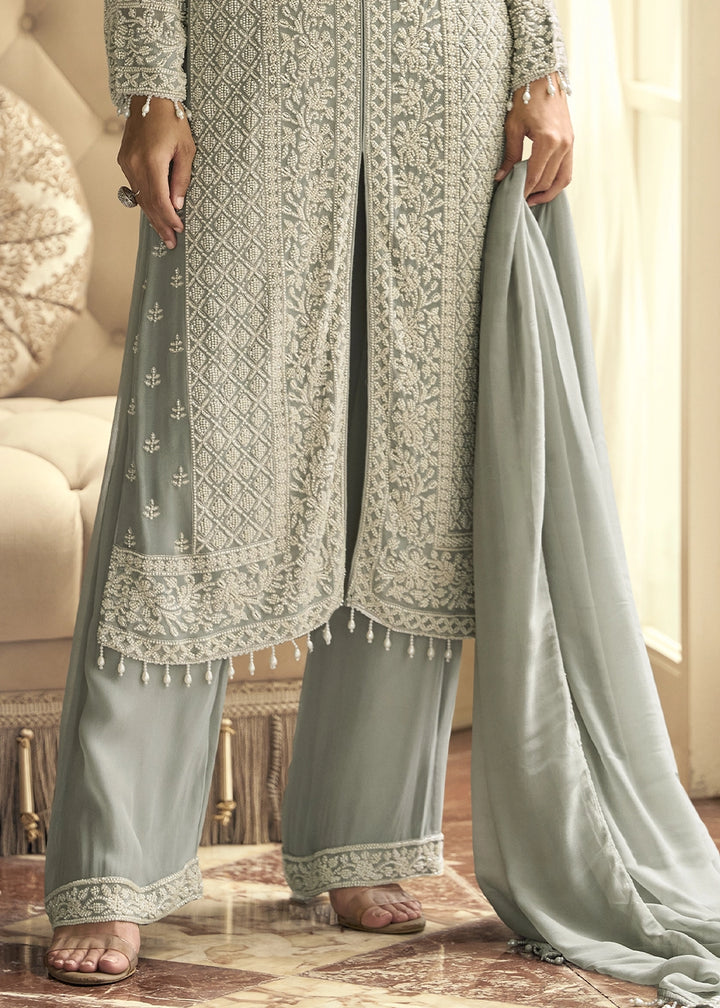 Pewter Grey Georgette Palazzo Suit with Luxurious Embroidery Detailing