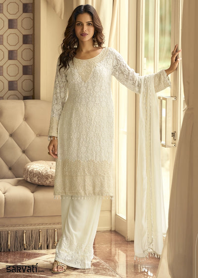 Pearl White Georgette Palazzo Suit with Luxurious Embroidery Detailing