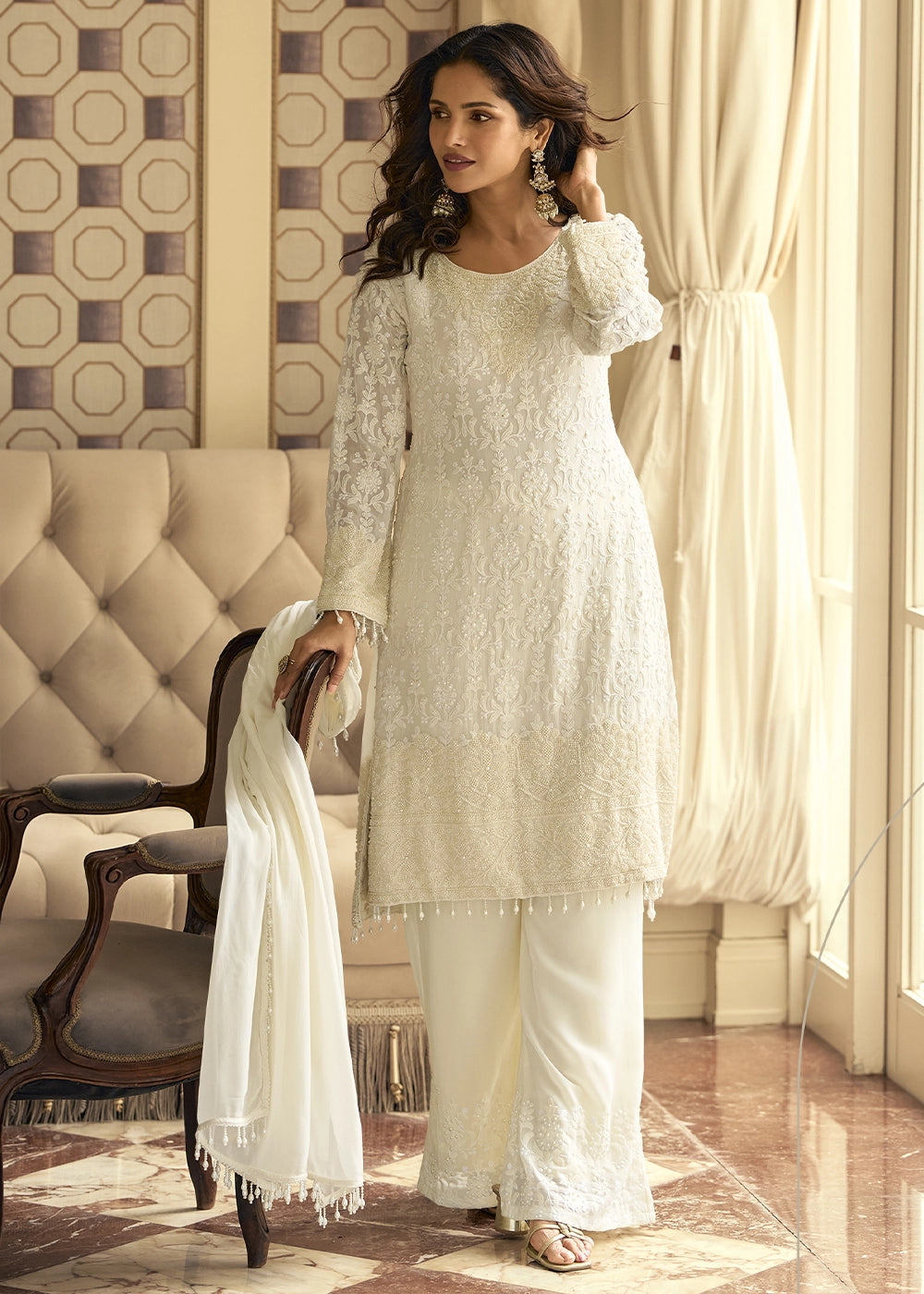 Pearl White Georgette Palazzo Suit with Luxurious Embroidery Detailing