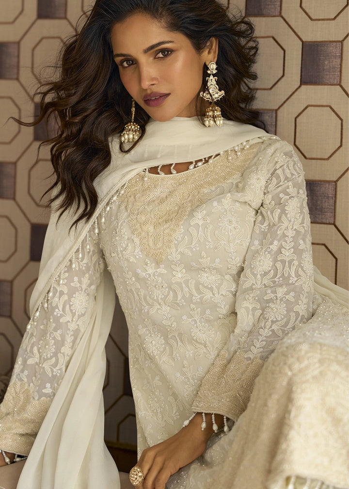 Pearl White Georgette Palazzo Suit with Luxurious Embroidery Detailing