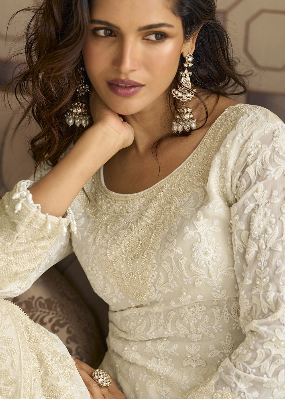 Pearl White Georgette Palazzo Suit with Luxurious Embroidery Detailing