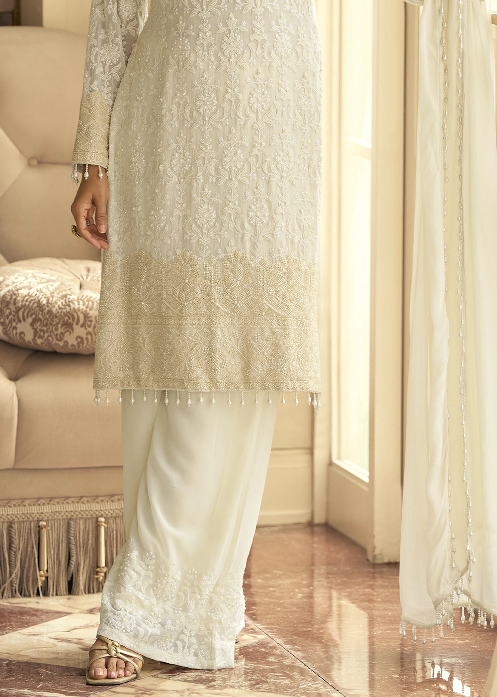 Pearl White Georgette Palazzo Suit with Luxurious Embroidery Detailing